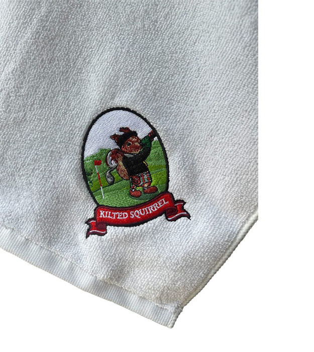 Kilted Squirrel Grommeted Microfiber Golf Towel white
