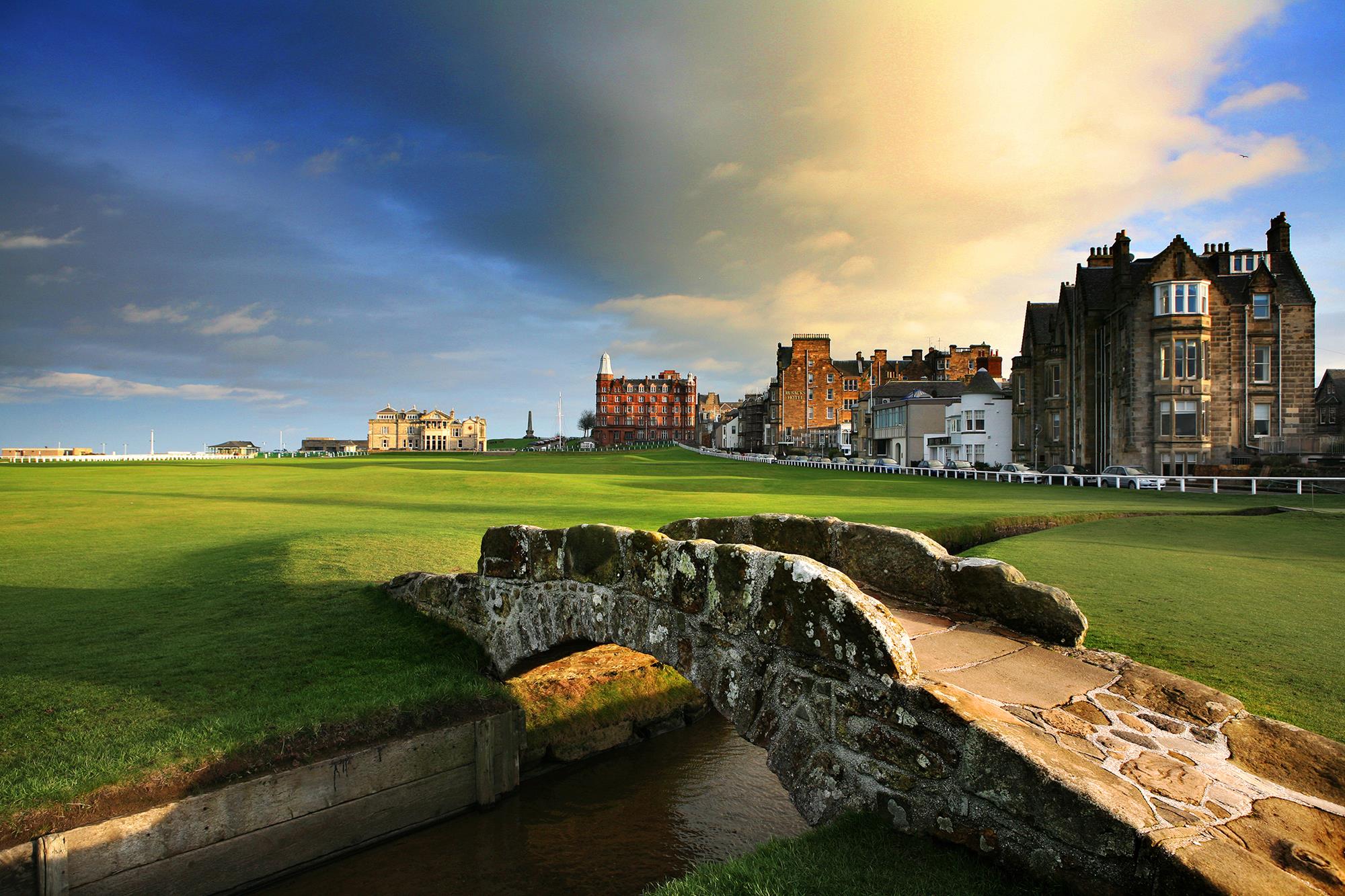 A view of the St. Andrews 18th hole, looking across the Swilcan Bridge.